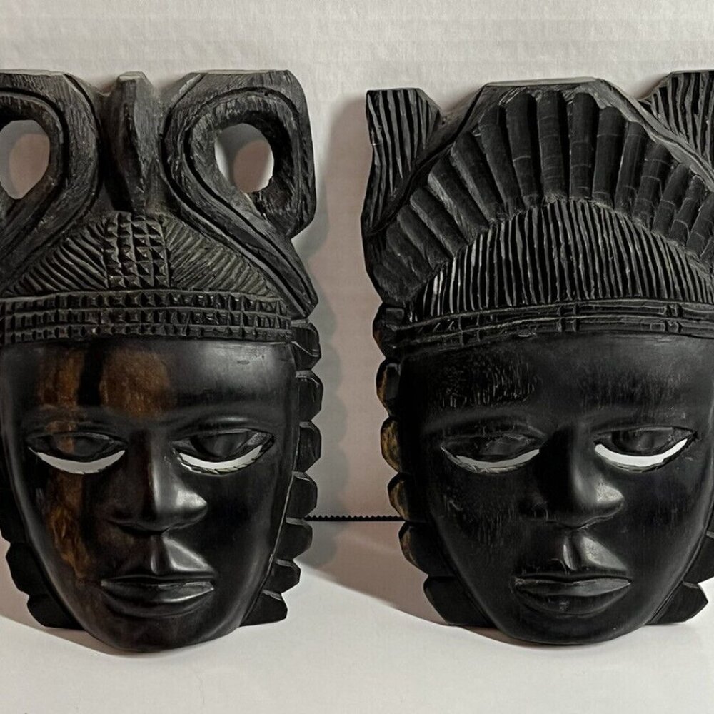 African mask wall plaque decor wooden hand carved crafted tribal pair vintage